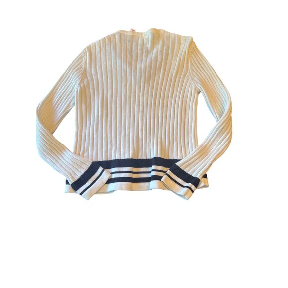 Meg AllenLarge Cream Cable Knit Sweater Stripe Trim Tennis Old Money Preppy - Picture 4 of 4